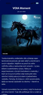 Černý kůň běžící noční krajinou pod úplňkem, motivace k tvořivosti v aplikaci VOIA Moment
