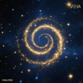 Magická zlatá spirála na nočním nebi, symbol transformační energie a síly slov, logo aplikace VOIA v rohu.