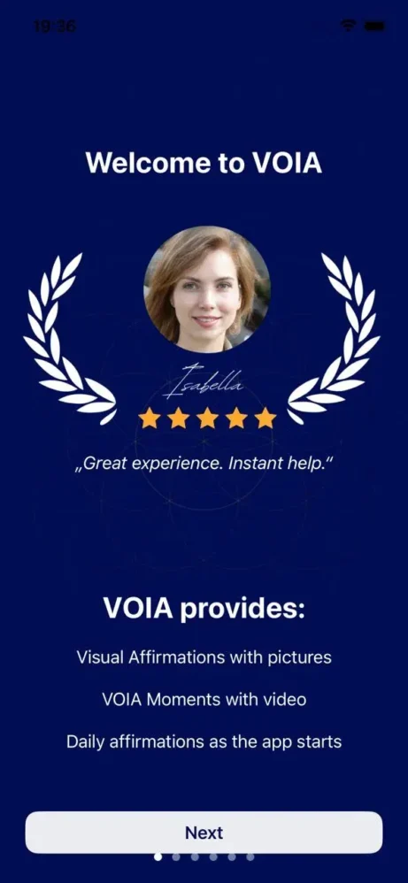 Úvodní obrazovka aplikace VOIA – osobní asistent s afirmacemi, okamžitá pomoc a podpora emocí.