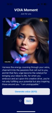 A young woman with blue eyes, surrounded by vibrant purple and blue hummingbirds, gazes gently ahead, symbolizing feminine energy, inspiration, and creative power. VOIA Moment visual.