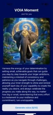 A majestic elephant with a golden spiral ornament on its head stands in glowing blue water, surrounded by lush, blooming flowers and a magical golden spiral in the background, symbolizing strength, wisdom, and determination. VOIA Moment visual.