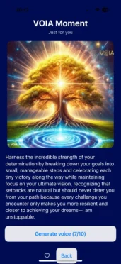 A luminous, golden tree radiating light under a star-filled sky, its roots touching a glowing pool of energy. The scene symbolizes growth, resilience, life force, and spiritual awakening. VOIA Moment visual.